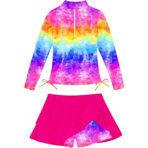 Vogseek 3-12T Girl Swimsuits 2pcs Long Sleeve Swim Rashguard Bathing Suit with Cover-ups Skirt, 5-6