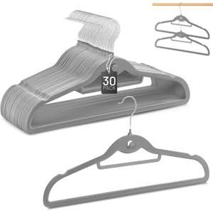 Velvet Stackable Hangers 30 Pack, STOPKLAS Grey Clothes Hangers Non Slip Felt Hanger with 360 Swivel Hook, Thin Hangers Space Saving, Heavy Duty Closet Hanger for Clothes, Coats, Suits, Dress, Pants (Gray)