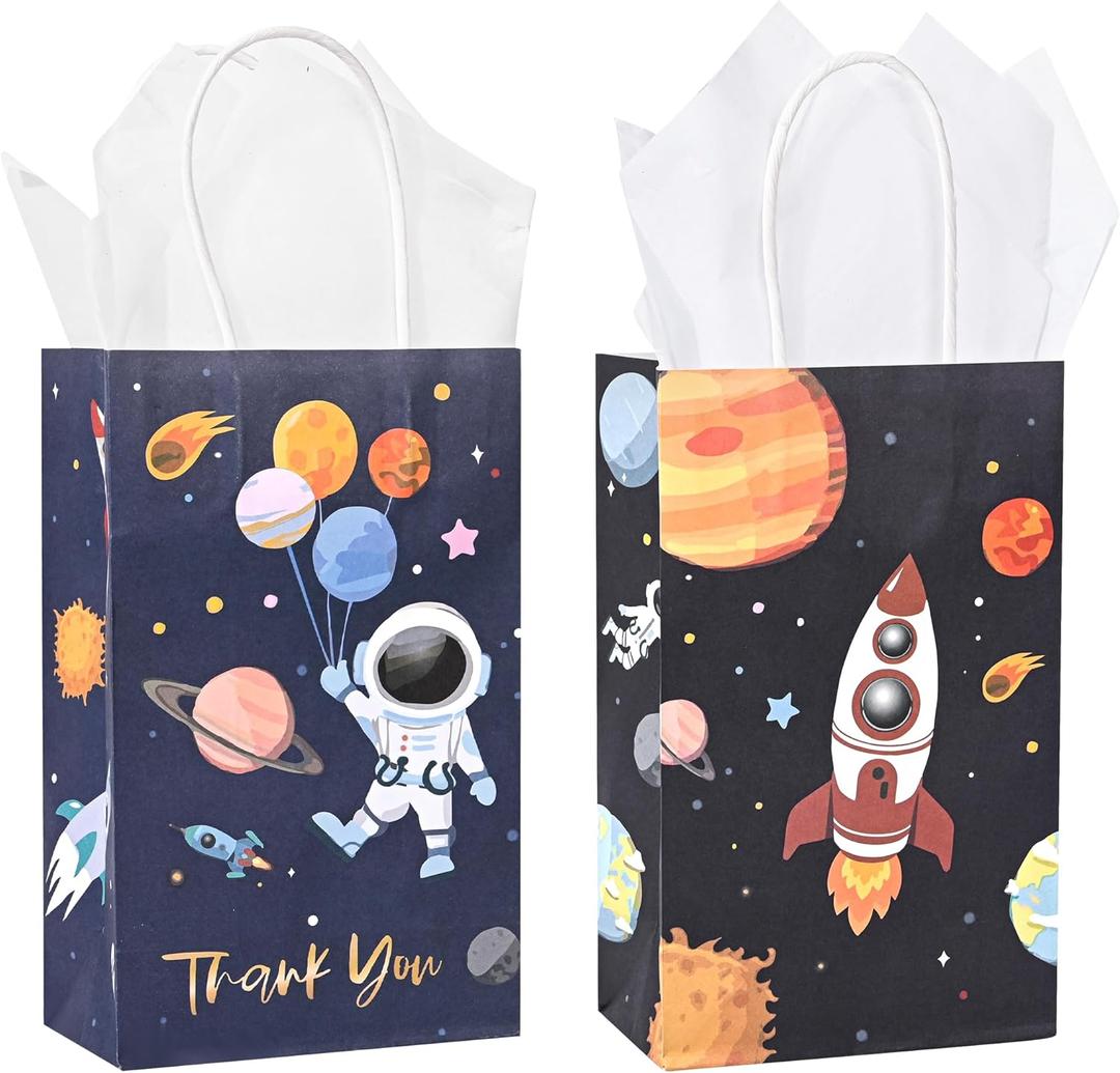36 Pack Small Outer Space Galaxy Themed Gift Bags with Handles and White Tissue Paper for Boys Girls Kids Birthday Party Favors Treats Goodies, 9x5.5x3.15 Inch (Rocket & Astronaut Assorted Designs)