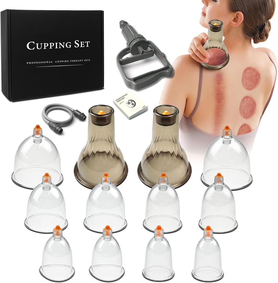 Cupping Set - Cupping Kit for Massage Therapy w/ 12 Cupping Therapy Set for Pain Relief Physical Therapy Body Vacuum Massage Cups with Pump (Black Box)