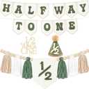 1/2 Birthday Boy Half Birthday Decorations - White Green Half Way to One Banner Cake Topper Tassel Wood Bead High Chair Banner Hat for Boys 6 Months Birthday Decorations Party Supplies
