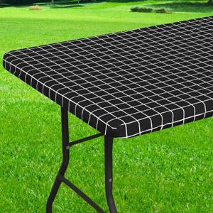 Rectangle Vinyl Table Cloth 24x48, Waterproof Elastic Fitted Tablecloth with Flannel Backing, Plastic Table Cover for Picnic, Camping, Outdoor, Black