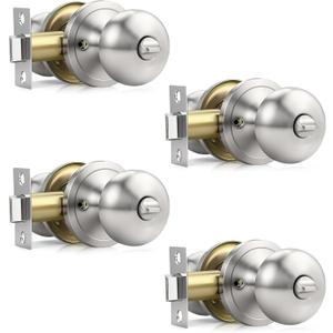 Privacy Door Knob with Lock, Keyless Door Knob Interior for Bedroom and Bathroom, Easy Install Round Knob for Standard Doors, Satin Nickel, 4 Pack
