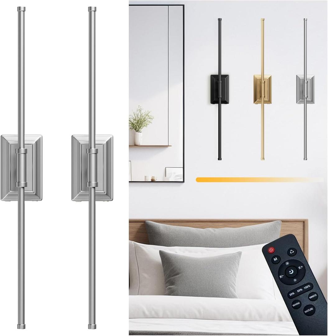Battery Operated Wireless Wall Sconce - Modern Rechargeable Led Sconces in Black Gold Silver - Bedroom Decor Stick On Lights Set of 2 - Long Indoor Living Room Bathroom Remote Wall Light (Brush Nickel), Size: 24in