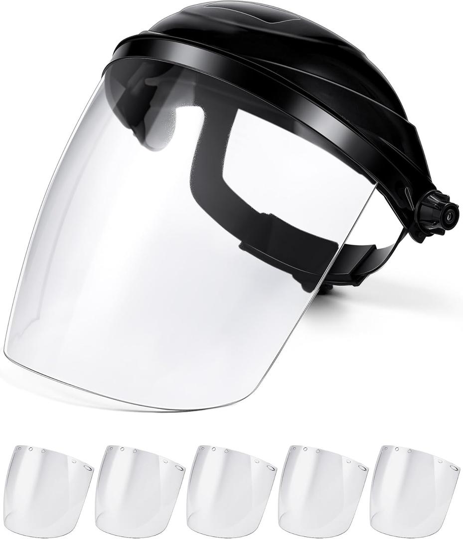 Tellegloww 6 Pcs Safety Face Shield for Grinding and Cutting, Clear Impact Resistant Visor, Full Face Shield Mask with Ratchet Headgear for Grinding, Isolation, Weed Whacking, Industrial Use (Black)