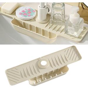 17.7 Inch Silicone Faucet Splash Guard Mat with Sponge Holder, Drying Mat with Frame for Kitchen Bathroom Sink Accessory Back with buckle Faucet Water Catcher Mat (17.7" x 5.9", Beige)