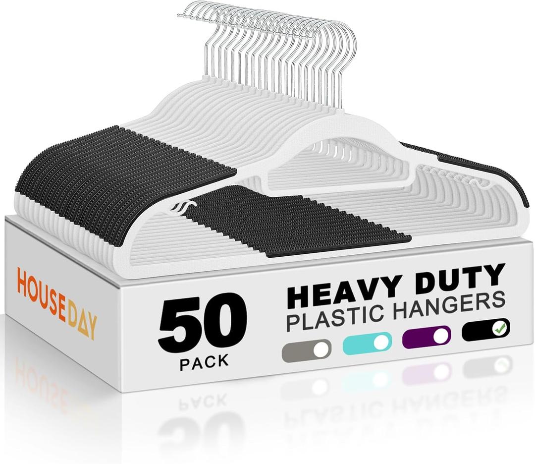 HOUSE DAY Plastic Hangers 50 Pack, Plastic Clothes Hangers Non Slip with Rubber Grip, Heavy Duty Coat Hanger with 360 Swivel Hook, Ultra Thin Hanger Space Saving Closet Organizer - White and Black