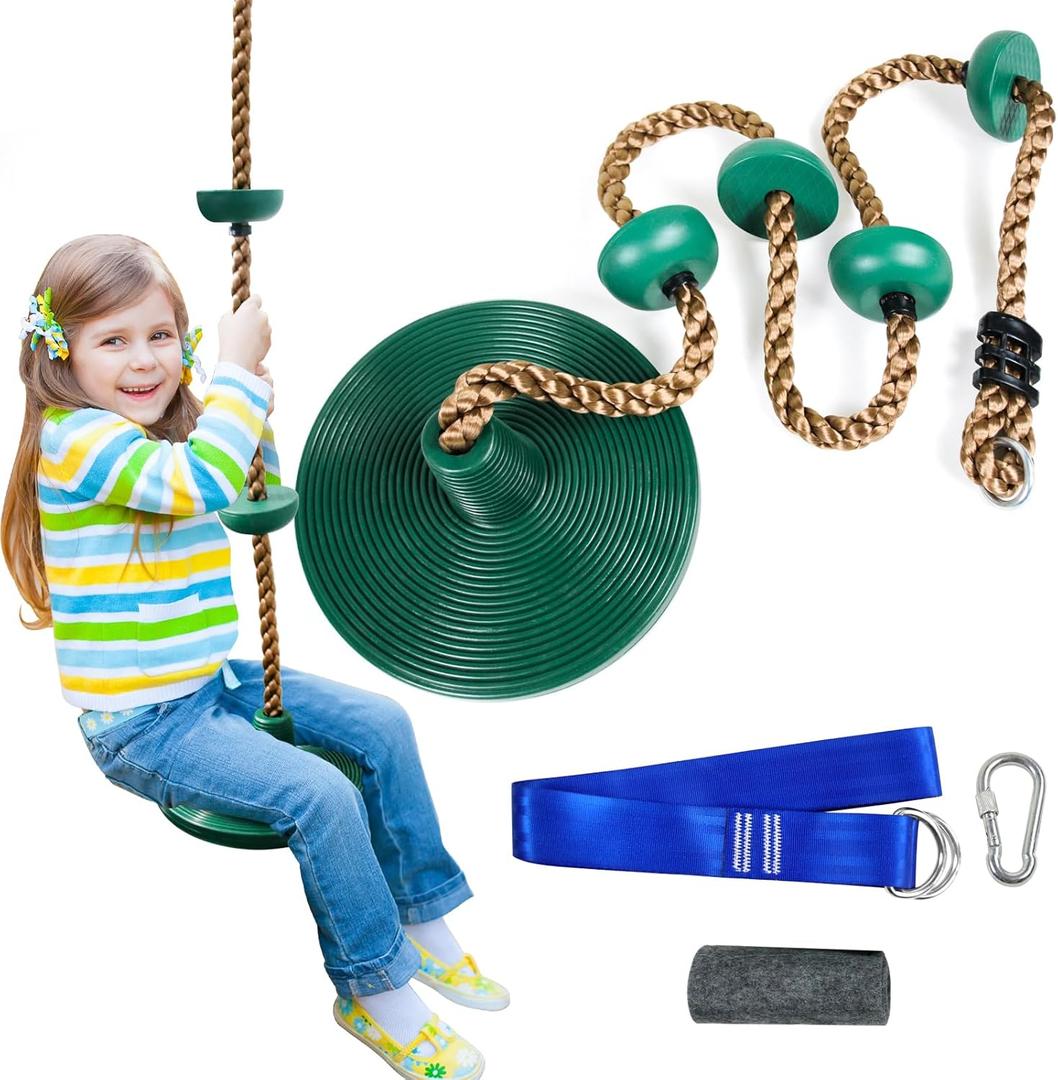 Tree Swing for Kids,Climbing Rope with Platforms,Disc Swing Seat Set Outdoor Playground Accessories for Kids-Include Carabiner, 4ft Tree Strap and Tree Protector (Green)