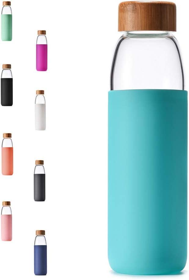 veegoal 18 Oz Borosilicate Glass Water Bottles with Bamboo Lid, BPA-FREE, Non-Slip Silicone Sleeve, and Stainless Steel Leak Proof Lid - Reusable Glass Bottle for Men and Women (Teal)