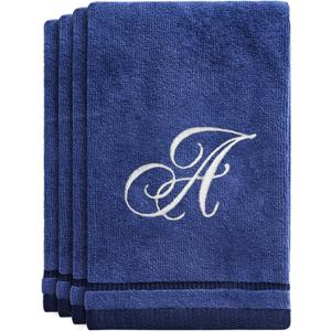 Creative Scents Navy Blue Monogrammed Towels with Initials - 4 Pack Super Absorbent Bathroom Fingertip Cotton Towel with Soft Velour Finish - Personalized Gifts for Freinds & Family 11"x18" Initial A