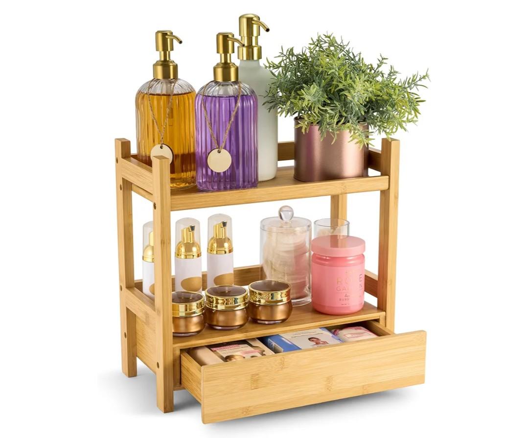 Sorbus Bamboo Bathroom Counter Organizer – 2-Tier Shelf with Hidden Drawer for Vanity, Matcha Station, Bathroom Sink Organizer Countertop, Kitchen & Office Storage (13″ L x 6.5″ W x 12.6″ H)