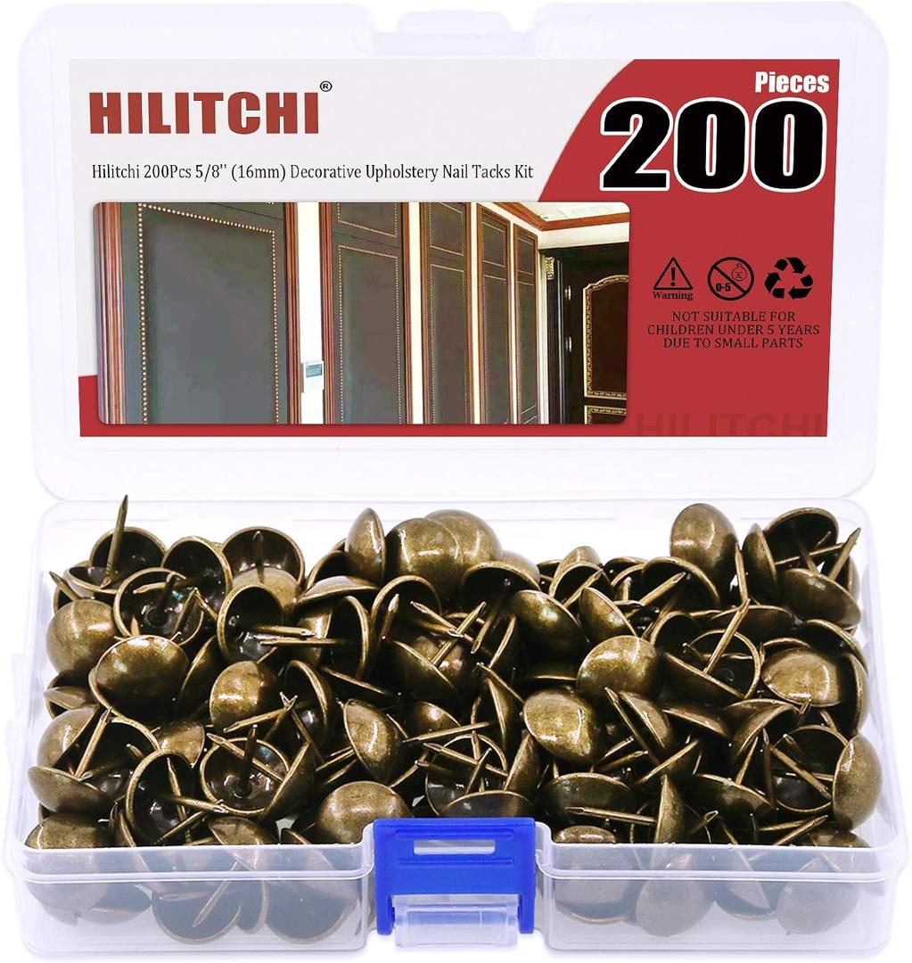 Hilitchi 200 Pieces 5/8'' (16mm) Round Dome Head Vintage Decorative Upholstery Nails Tacks Furniture Sofa Thumb Tacks Nails Pins with Clear Plastic Case (Bronze)