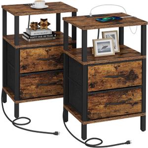 TUTOTAK End Table with Charging Station, Side Table with 2 USB Ports and Outlets, Nightstand with Cloth Drawer, Set of 2, Couch Table, Brown TB01BB067