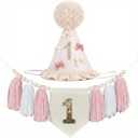 1st Birthday High Chair Banner with Cone Hat Boho Style Pink & White Wood Bead Tassel Garland first birthday decorations for girl One Year Old Outfit Photo Props Wall Hanging Party Decor