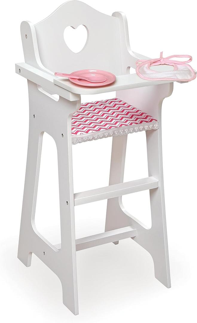 Badger Basket Chevron Doll High Chair with Plate, Bib, and Spoon  Ideal for Feeding 18-Inch Dolls in White and Pink