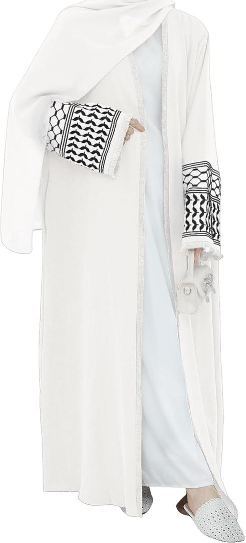 Women Ramadan Muslim Abaya Long Sleeve Embroidered Open Front Cardigan Kimono Turkey Dubai Kaftan (Medium, White)