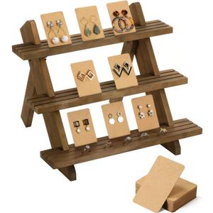 Emibele Earring Display Stands for Selling, 3-Tier Wood Jewelry Display Stand with 50 Earring Display Cards Portable Earring Ring Holder Organizer Jewelry Showcase Display Racks for Jewelry Retail