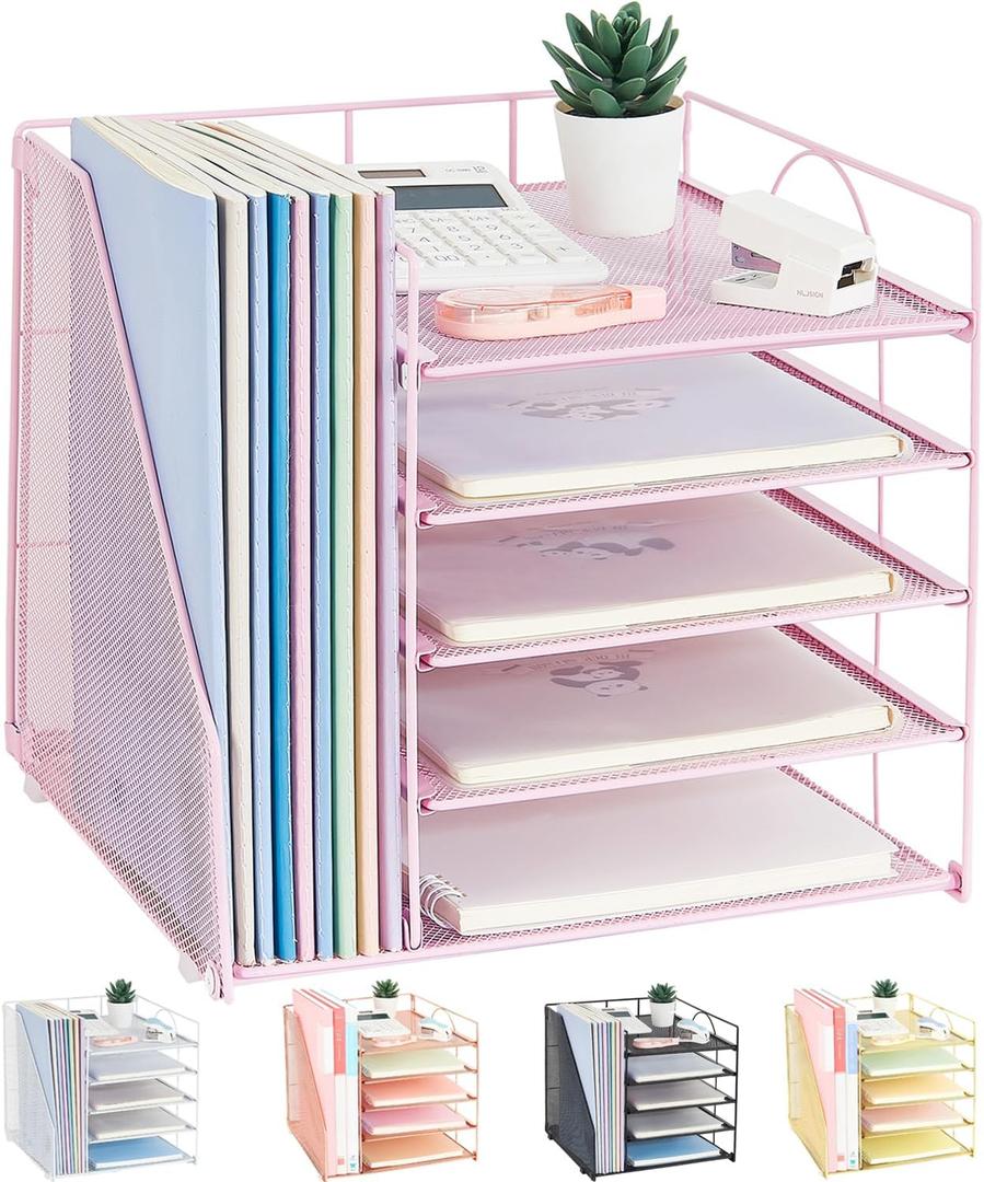 LEKETREE Desk Organizers and Accessories, 5-Tier Paper Letter Tray Organizer with File Holder, Desktop Organizer for Office Supplies (Pink)