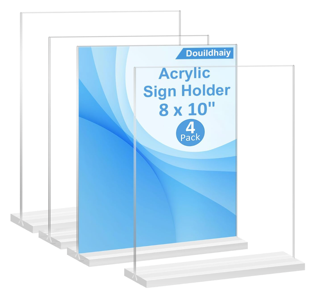 4 Pack Acrylic Sign Holder 8x 10 ,T shape Double Side Clear Acrylic Menu Display Stand for Restaurants ,Office ,Photo frames ,Store -Vertical