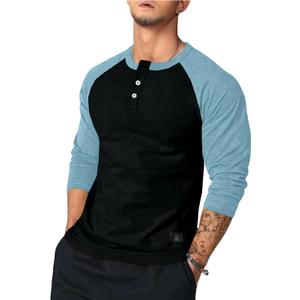 Dokotoo Men Men's Henley Shirt Fall Crewneck Color Block Slim Fit Long Sleeve T Shirts Button Up Tees (Black, M)