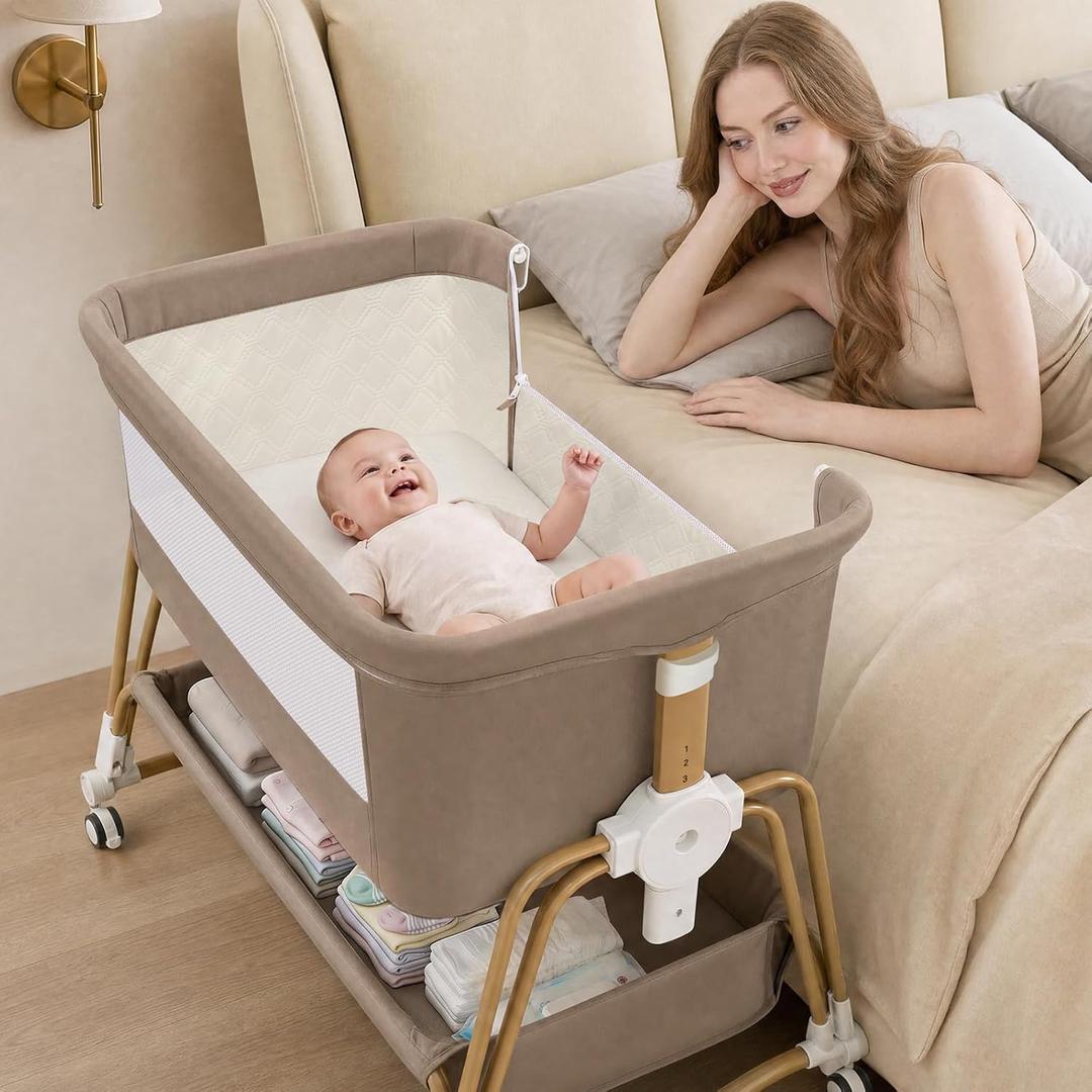 4-in-1 Baby Bassinet, Portable Bassinet Bedside Sleeper with Mosquito Net | Bassinet with Wheels and Storage Basket, 7 Height Adjustable, Rocking Bassinet for Newborn-Khaki