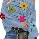 Cakulo Womens Off The Shoulder Sweater Top Fall 2025 Oversized Knit Batwing Long Sleeve Crochet Pullover Sweaters (Medium, Y- Flower Blue)