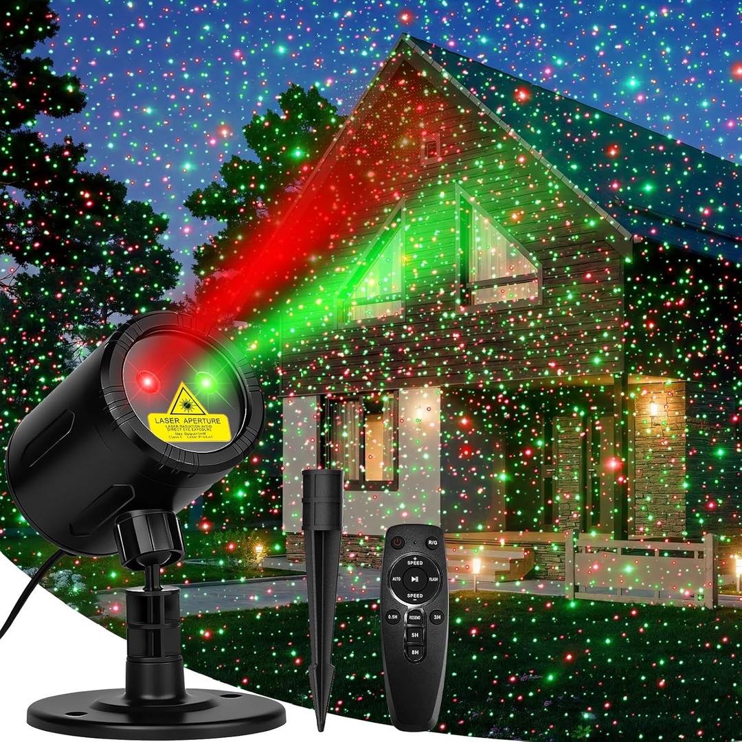 Christmas Projector Lights Outdoor, Red & Green Laser Light Projector with Remote and Timer, Waterproof Christmas Decorations for Indoor Garden Party Xmas Holiday New Year