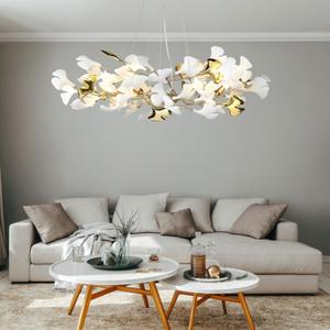 L31.5 Inch Branch Chandelier Ceramic Ginkgo Leaf Chandeliers Brass Hanging Lights Fixtures for Dining Room Living Room Kitchen Island, 5-Light (White-Gold)