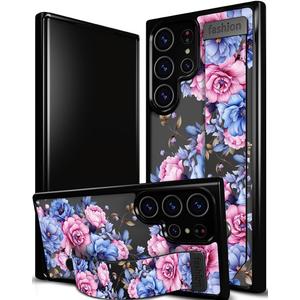 Compatible for Samsung Galaxy S24 Ultra Case Cute with Strap Stand Finger Kickstand, Designer Cool Silicone Cases Funda Cover - Pink Rose Flowers Peonies