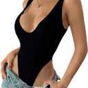 SweatyRocks Women's Deep V Neck High Cut Bodysuit Sleeveless Slim Fit Leotard Tops (X-Small, Black)