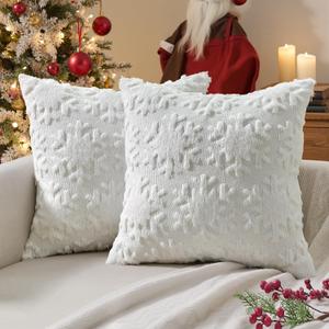 ANRODUO Set of 2 Christmas Decorations White Snowflake Decorative Pillow Covers 18x18 Inch Soft Plush Faux Fur Jacquard Throw Pillows for Couch Bedroom Sofa Holiday Festivals Winter Home Indoor Decor