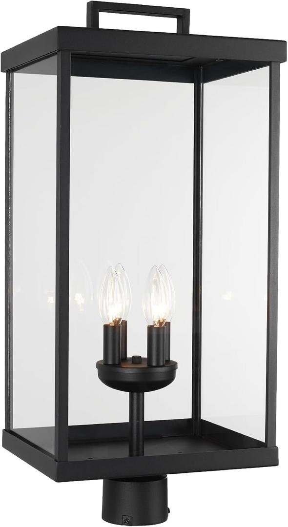 Outdoor Post Light Fixture, 25 Inch 4-Light Large Modern Exterior Post Lantern with Clear Glass, Black Outside Lamp Post, Outdoor Pole Lights for Yard Garden Patio Pathway, 25.1inch