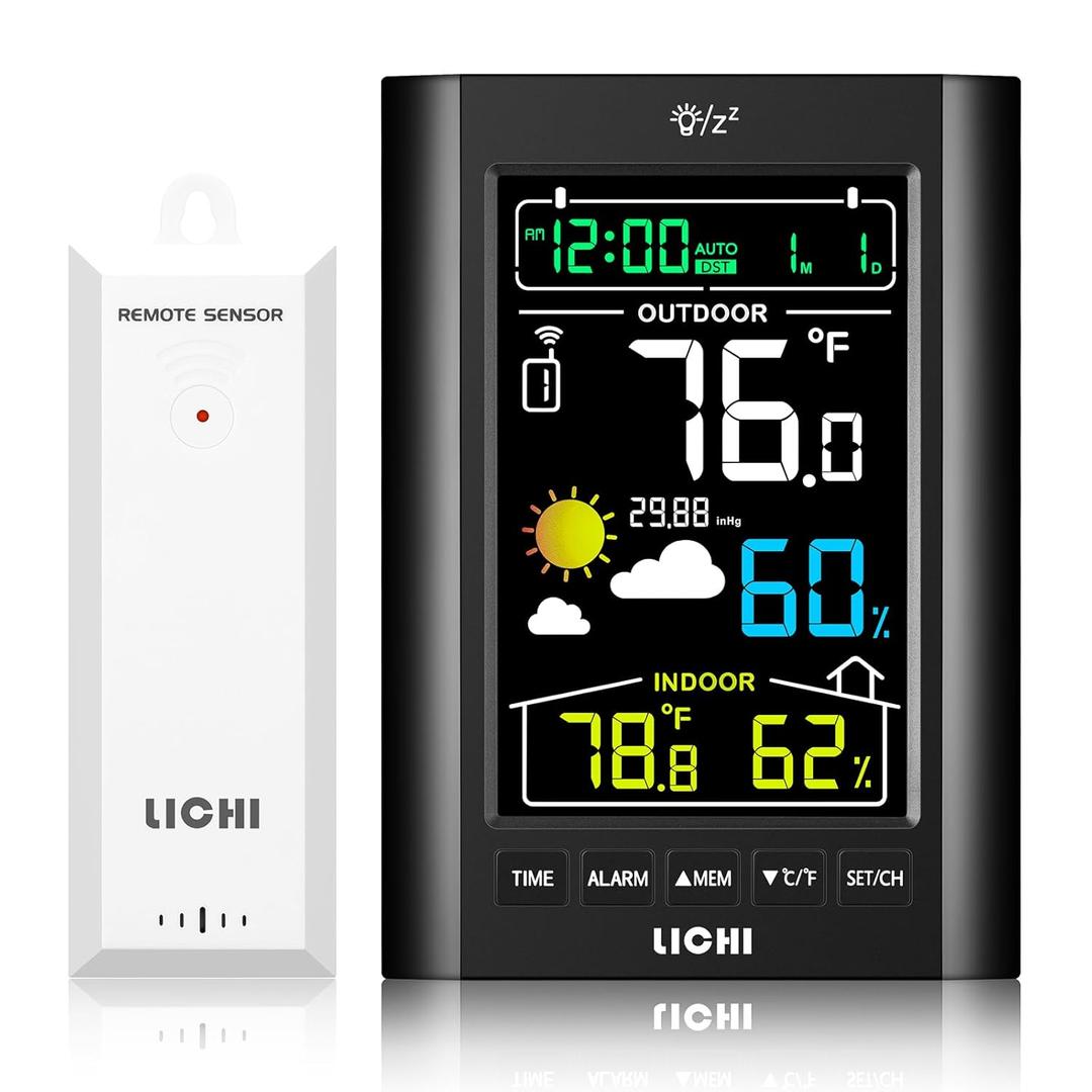 Weather Station Wireless Indoor Outdoor Thermometer Inside Outside Temperature Humidity Monitorwith 330ft Range Sensor and Adjustable Backlight (Black)