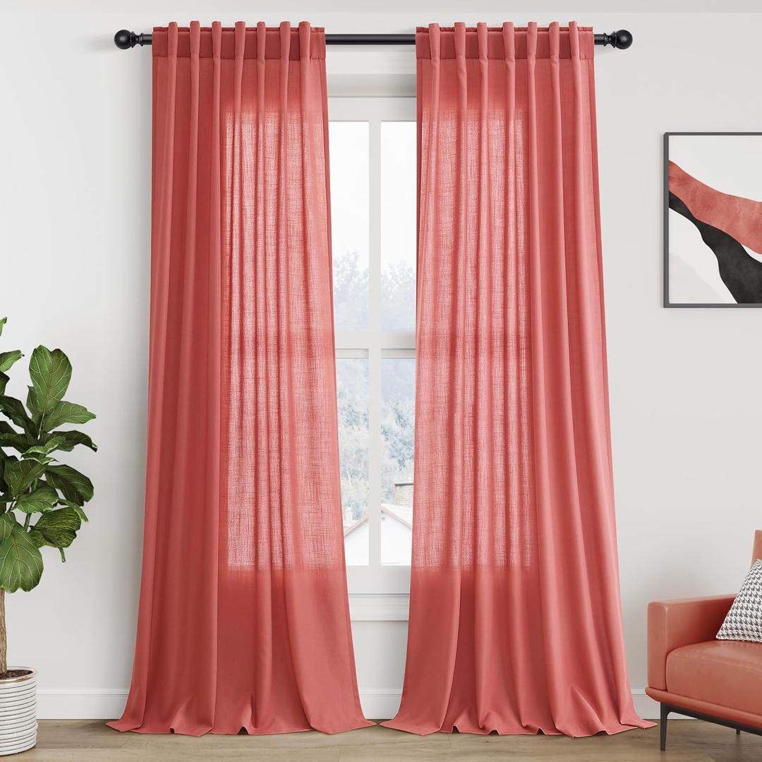 Watermelon Red Semi Sheer Curtains 108 Inches Long 2 Panels Back Tab Loop Pocket Linen Blend Boho Large Window Curtain Extra Long Light Filtering Drapes High Ceiling Drape for Living Room 52x108