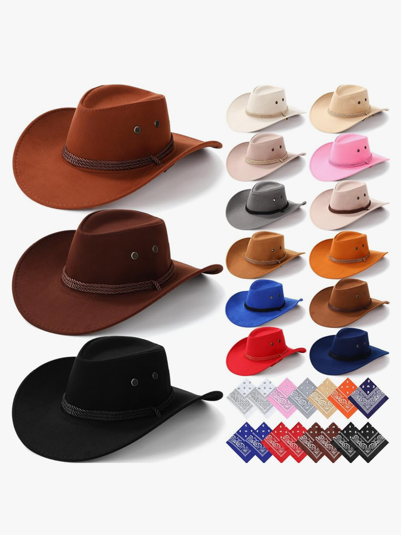 Coume 30 Pieces Western Cowboy Hat Costume Accessories Paisley Bandanna Set Cowgirl Hats Bulk for Women Men Dress Party