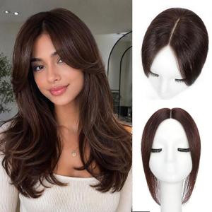 Matriarchs Hair Toppers For Women Real Human Hair,360 3D Human Hair Topper 12inch Curtain Bangs Clip in Toppers Hairpieces With Thinning Crown and Natural Coverage Dark Brown