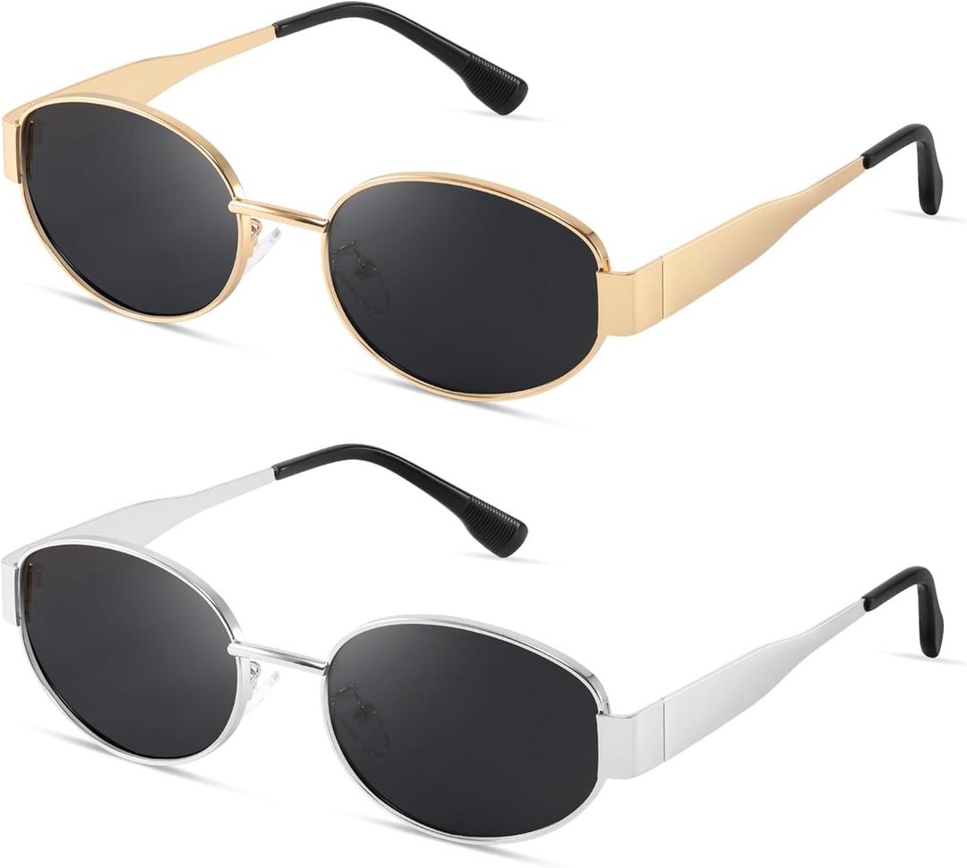 Retro Oval Sunglasses for Women - Trendy Polarized Sun Glasses UV400 Protection Shades Fashion Metal Frame (A4 Gold/Grey Lens & Silver/Grey Lens)