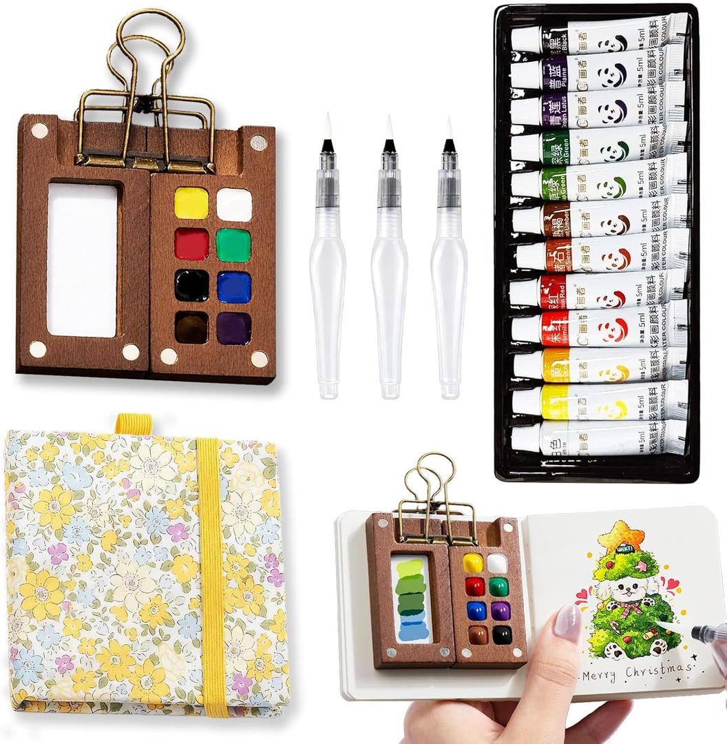 Mini Portable Watercolor Palette Set-Grid Paint Box with Binder Clips Include 12 Colors Paint - Brush*3 and Picture Album Art Materials Coloring Markers for Travel, Creative Drawing Kit for Beginners and Art Enthusiasts(Yellow Wood-S)