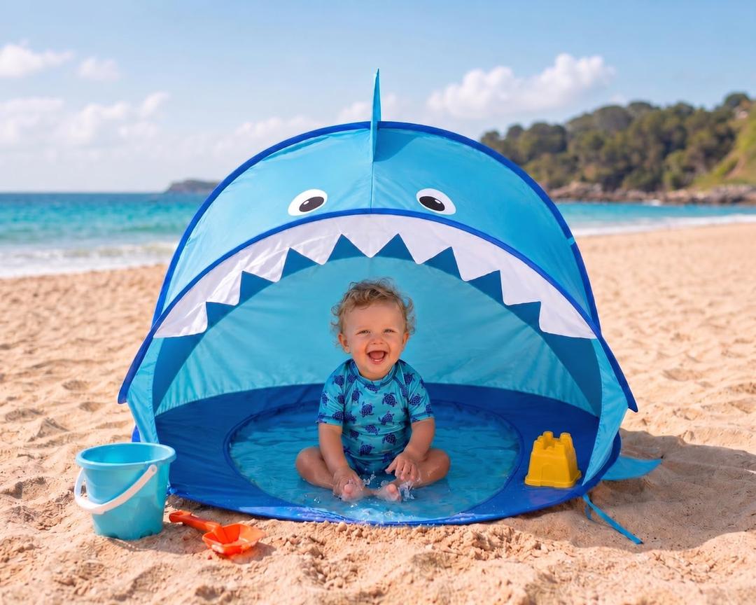 USA Based, Baby Beach Tent & Sun Shelter – Portable Pop-Up UV Protection Canopy with Sand Stakes Baby Sun Shade for Beach, Pool, Travel & Outdoor Use – UPF 50+, Shark, 47.5" x 31.5"
