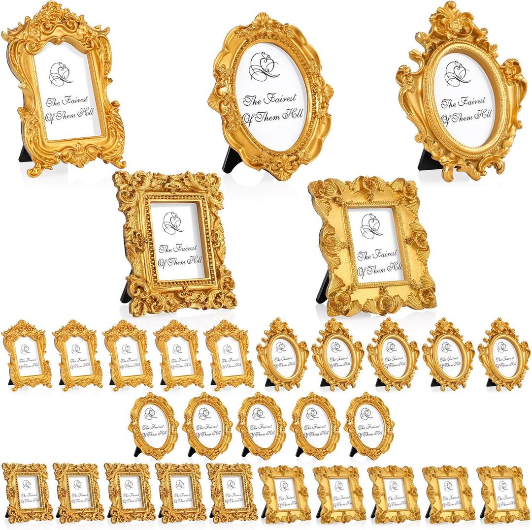 Maitys 25 Pcs Mini Picture Vintage Frames with Stands Tiny Antique Photo Baroque Ornate Resin Oval Frame Table Top Display Home Wedding Decor (Gold)
