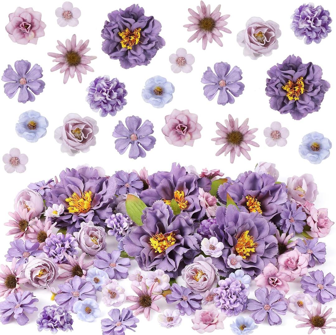 250 Pcs Artificial Flowers Heads Mini Silk Mix Flowers Fake Peony Daisy Rose Flowers Multicolor Small Flower Heads for Wedding Home Decorations Party Craft Garland DIY (Purple)