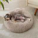 Calming Dog Bed & Cat Bed, Anti-Anxiety Donut Cuddler Warming Cozy Soft Round Bed, Fluffy Faux Fur Plush Cushion Bed for Small Medium Dogs and Cats, Beige 24.0"L x 24.0"W x 7.0"Th