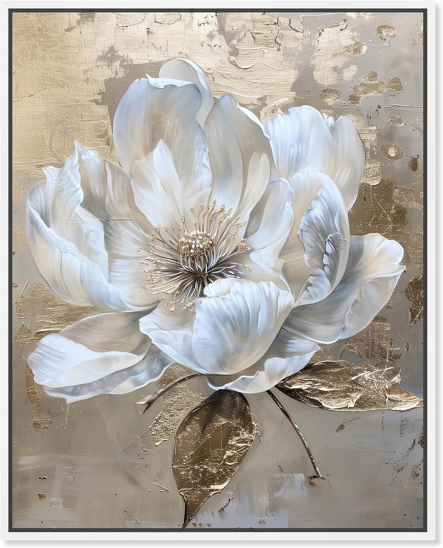 Athenas Flower Framed Floral Fine 1 Piece Canvas Wall Art, 17" x 21", White Frame (21L" x 17W")