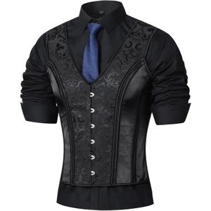 Men Dress Waistcoat Vintage Corset Vest Lace Up Boned Black Formal Tops Wedding Stage (Black, XXL)
