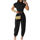 kaimimei 2 Piece Sets for Women Casual Mock Neck Cap Sleeve Crop Tops and Palazzo Pants Vacation Travel Outfits Black Small
