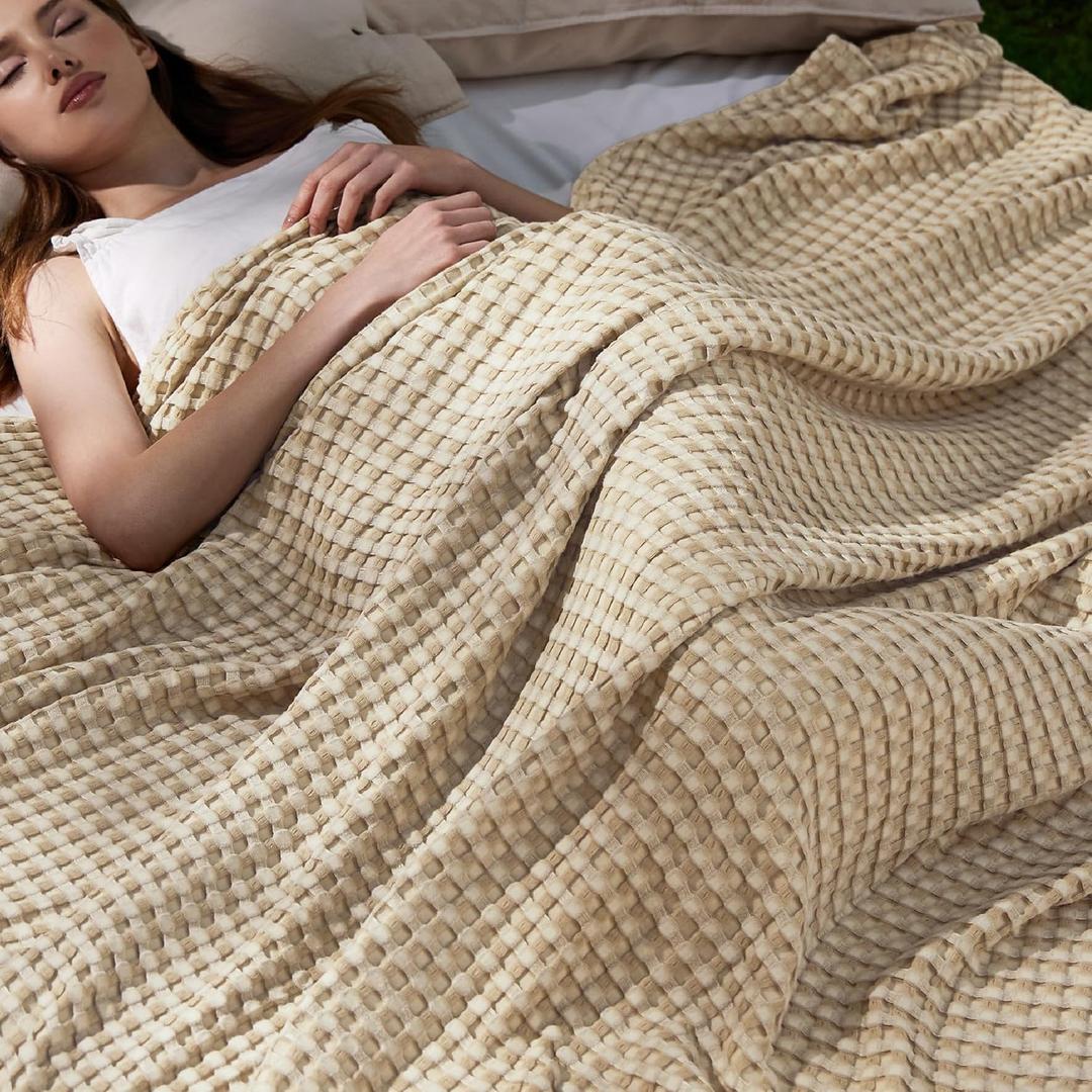 Bedsure Cooling Cotton Waffle Queen Size Blanket -Lightweight Breathable Blanket of Rayon Derived from Bamboo for Hot Sleepers, Luxury Throws for Bed, Couch and Sofa, Light Brown, 90x90 Inches