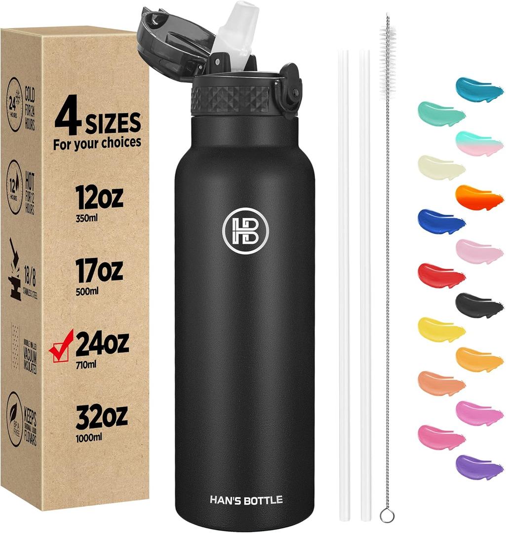 Han's Bottle Sports Water Bottle - 24 Oz, Straw Lid, Leak Proof, Vacuum Insulated Stainless Steel, Double Walled, Thermo Mug, Black