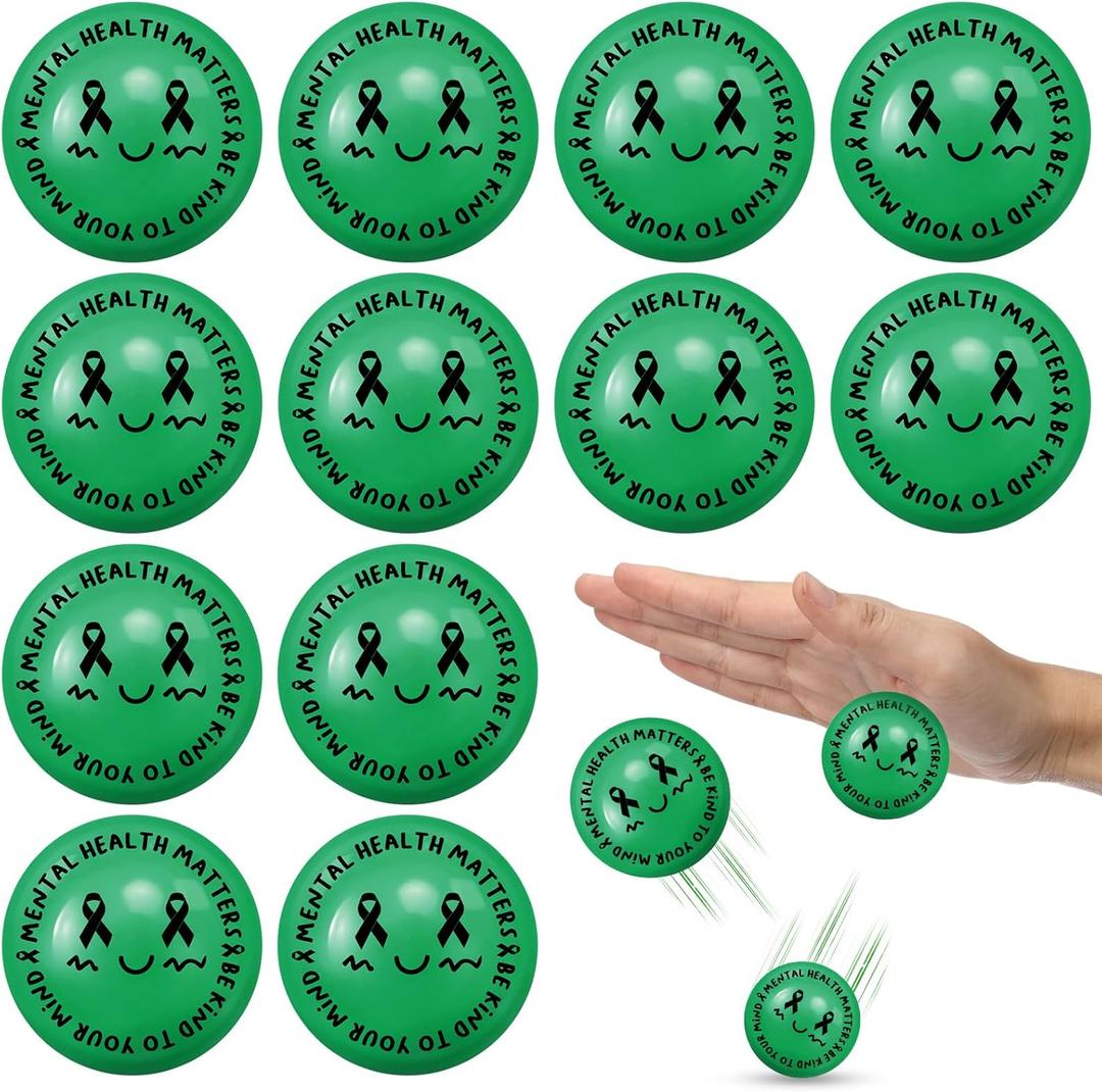 VioraWhite 100 Pcs Mental Health Awareness Gift Green Ribbon Bouncy Balls Bulk Mental Health Matters Stress Relief Balls Green Ribbon Week Items for Events Charity Education Supplies