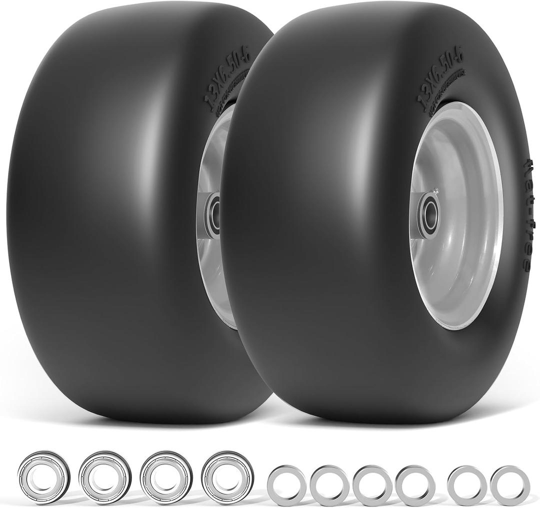 RONPOW 13x6.50-6 Flat Free Lawn Mower Tires and Wheel, 13x6.5-6 Solid Front Tire for Zero Turn Lawnmower, Universal 3/4", 5/8" and 1/2" Bearings, 500Lbs Load, 5.51"-7.91" Hub Spacers, 2Pack Gray