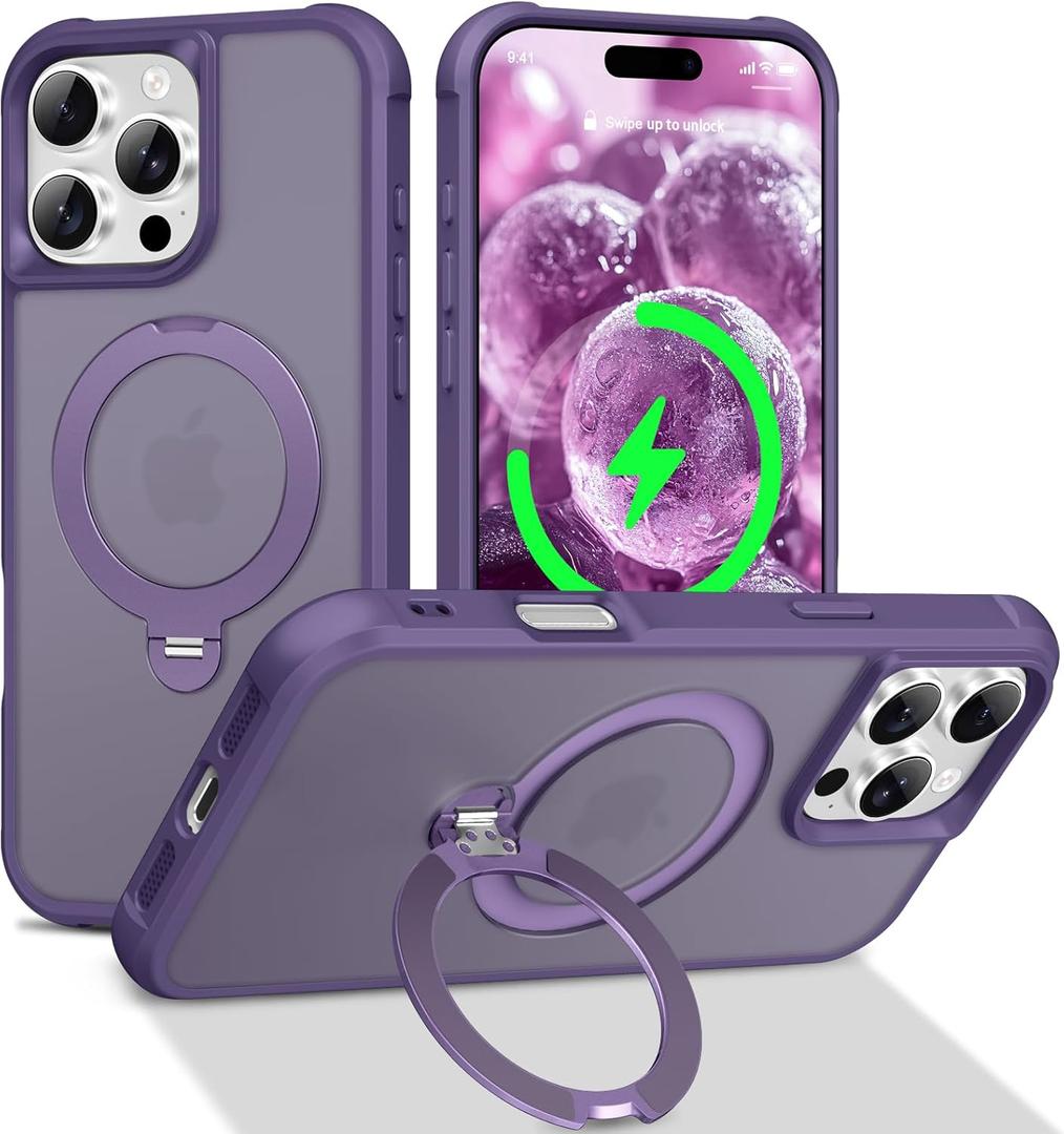 PIXIU 360Spin Magnetic Stand for iPhone 16 Pro Case with Invisible Kickstand Rotatable,[Fit for Magsafe] Slim Cute Matte Translucent Military Grade Shockproof Phone Cover 6.3 inch-Purple